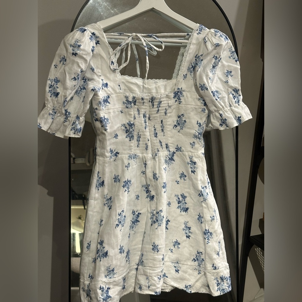Reformation Evianna Linen Dress White and Blue Floral Mini Dress - Picture 7 of 9
